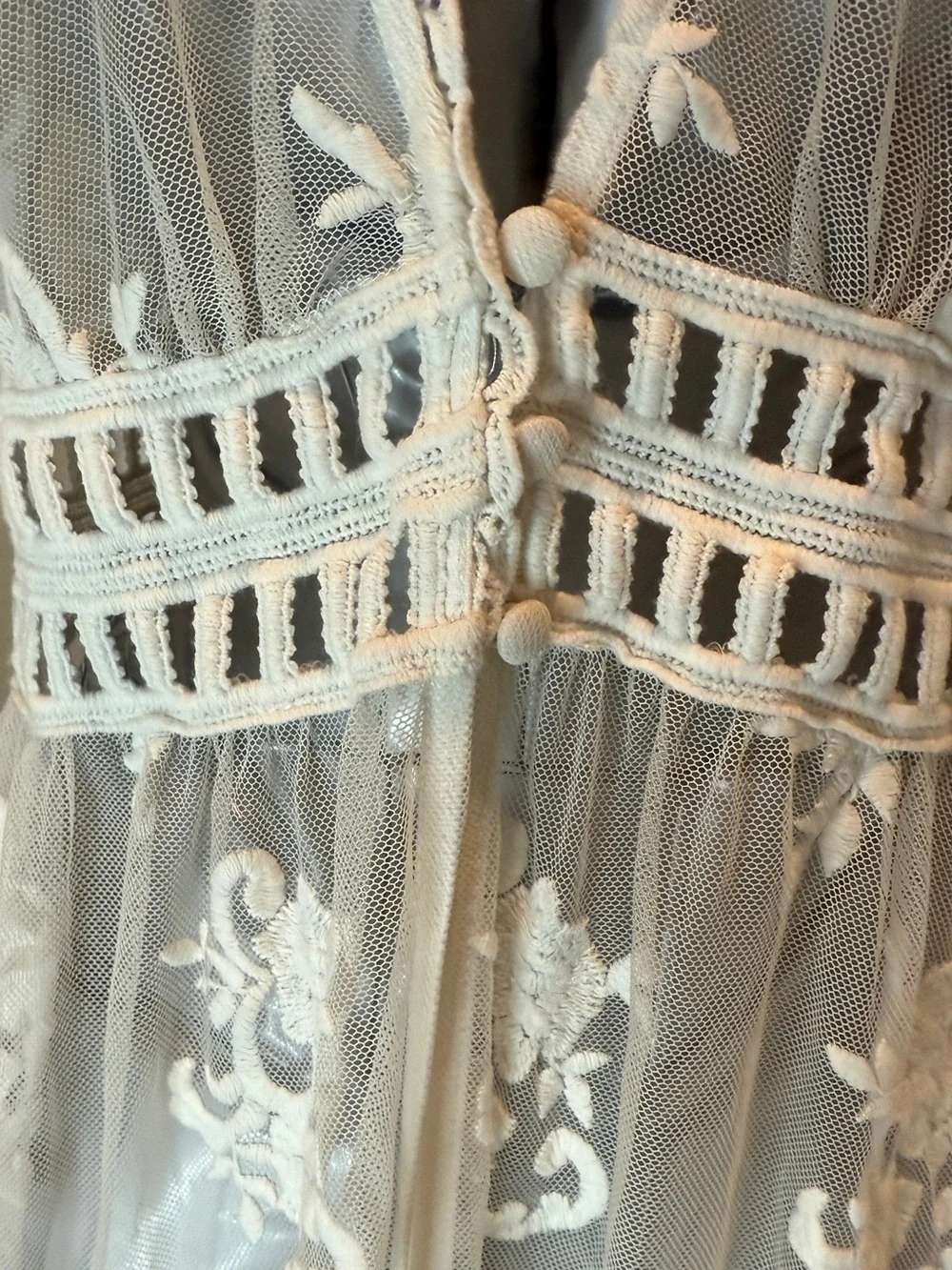 Sheer off white Embroidered Lace Duster, cover up, - Picture 3 of 7